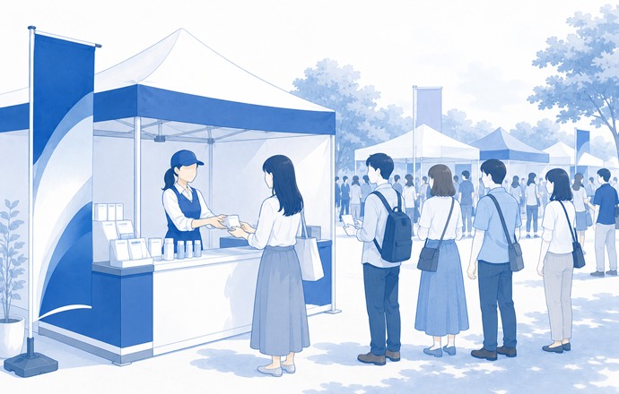 催事での配布の絵。屋外のイベント会場に設けた出展の場で、係の人がお客様へ試供品を手渡し、後ろに来場者が並んでいる。