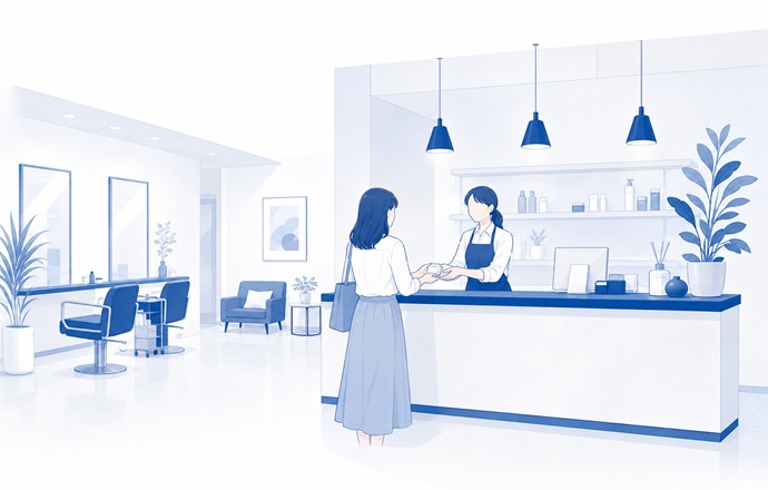 店舗や施設での配布の絵。美容室の受付で、店員がお客様へ試供品を手渡している。